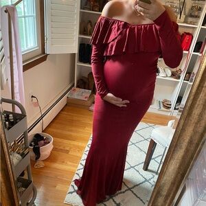 Elegant Off-Shoulder Maternity Dress in Red